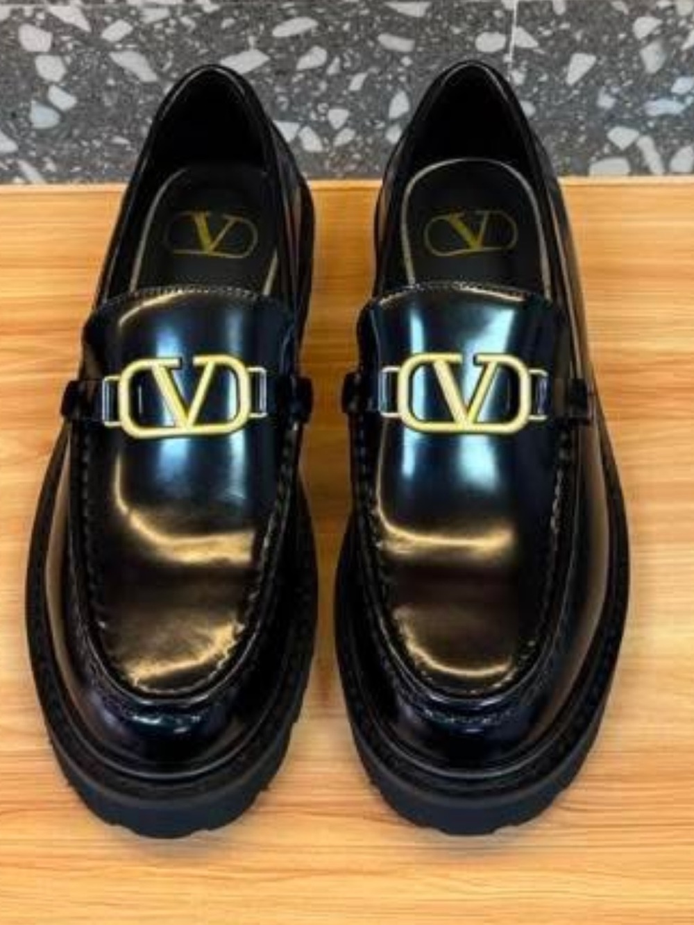 Valentino Black Leather womens Loafers with Gold V Logo 39